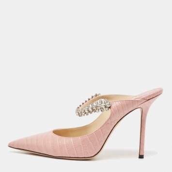 Pre Owned Jimmy Choo Pink Croc Embossed Leather Bing Mules Size 39