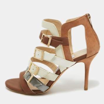 Pre Owned Jimmy Choo Multicolor Leather Bubble Buckle Strappy Open Toe Sandals Size 38.5