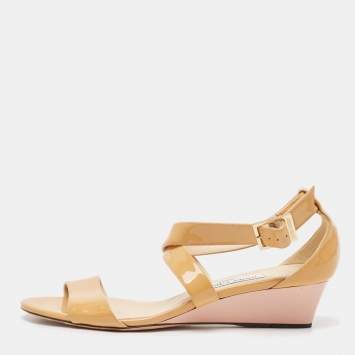Pre Owned Jimmy Choo Light Orange Patent Leather Chiara Wedge Sandals Size 39
