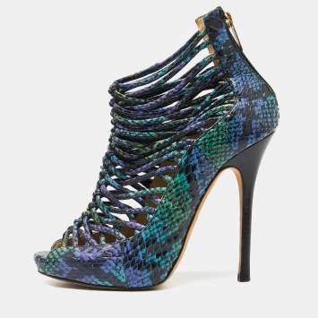 Pre Owned Jimmy Choo Tricolor Embossed Snakeskin Open Toe Strappy Sandals Size 36