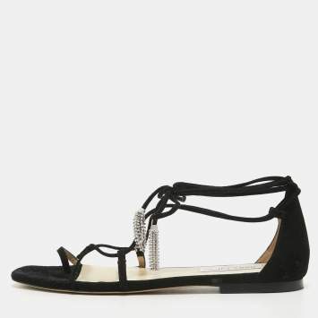 Pre Owned Jimmy Choo Black Suede Toe Ring Ankle Tie Flat Sandals Size 39.5 