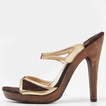 Pre Owned Jimmy Choo Brown/Metallic Gold Suede and Leather Strappy Platform Sandals Size 39