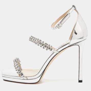 Pre Owned Jimmy Choo Silver Laminated Leather Crystal Embellished Ankle Strap Sandals Size 41