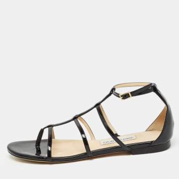 Pre Owned Jimmy Choo Black Patent Strappy Flat Sandals Size 39