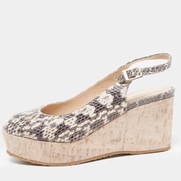 Pre Owned Jimmy Choo Two Tone Embossed Snakeskin Praise Wedge Slingback Pumps Size 36.5
