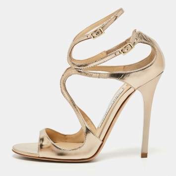 Pre Owned Jimmy Choo Gold Leather Lang Ankle Strap Sandals Size 36