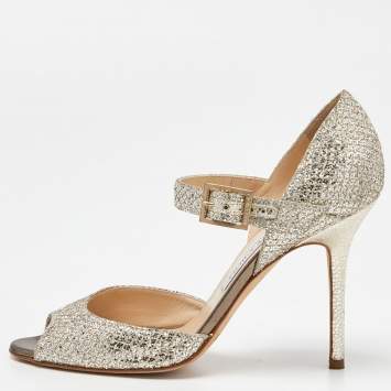 Pre Owned Jimmy Choo Silver/Gold Coarse Glitter Mary Jane Sandals Size 38