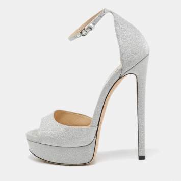 Pre Owned Jimmy Choo Silver Glitter Max Ankle Strap Sandals Size 39