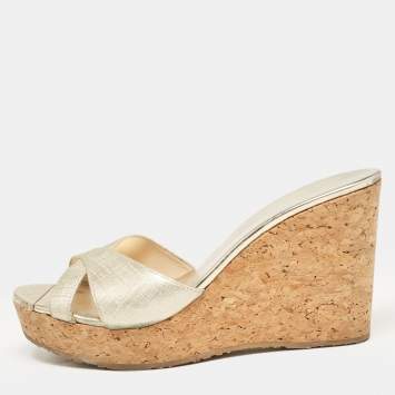 Pre Owned Jimmy Choo Gold Textured Leather Prima Wedge Sandals Size 38.5