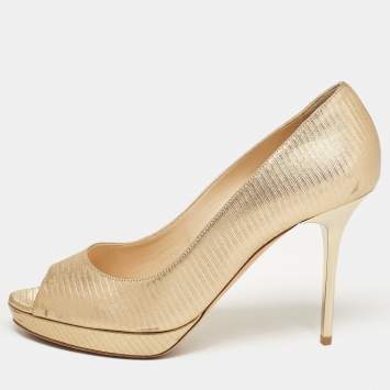 Pre Owned Jimmy Choo Gold Textured Leather Luna Pumps Size 38.5