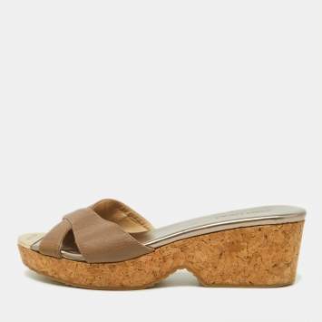 Pre Owned Jimmy Choo Brown Leather and Cork  Prima Wedge Sandals Size 38.5