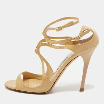 Pre Owned Jimmy Choo Beige Patent Leather Lance Ankle Strap Sandals Size 38