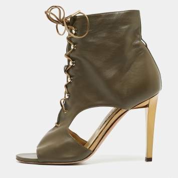Pre Owned Jimmy Choo Green Leather Lace Up Ankle Boots Size 38  