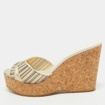 Pre Owned Jimmy Choo Cream Leather and Mesh Prima Cork Wedge Sandals Size 40