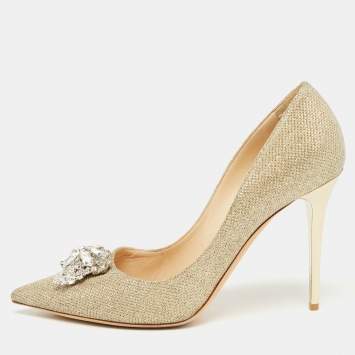 Pre Owned Jimmy Choo Gold Lurex Fabric Mamey Pumps Size 40