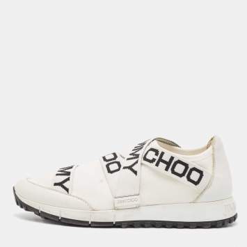 Pre Owned Jimmy Choo White Stretch Fabric and Leather Strips Slip On Sneakers Size 37