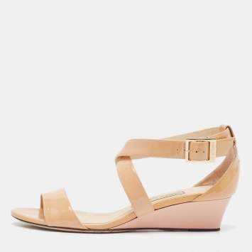 Pre Owned Jimmy Choo Beige Patent Leather Chiara Wedge Sandals Size 37