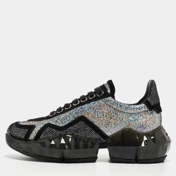 مملوكة مسبقًا Jimmy Choo Silver/Black Laminated Suede and Mesh Diamond Sneakers Size 36