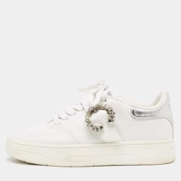Pre Owned Jimmy Choo White Leather Low Top  Sneakers Size 36
