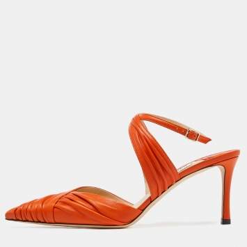 Pre Owned Jimmy Choo Orange Leather Pointed Toe Ankle Strap Pumps Size 39 