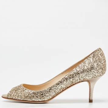 Pre Owned Jimmy Choo Gold Glitter Open Toe Pumps Size 37.5