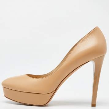 Pre Owned Jimmy Choo Beige Leather Platform Round Toe Pumps Size 38.5 