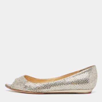 Pre Owned Jimmy Choo Gold/Silver Glitter Fabric Open Toe Flats Size 38