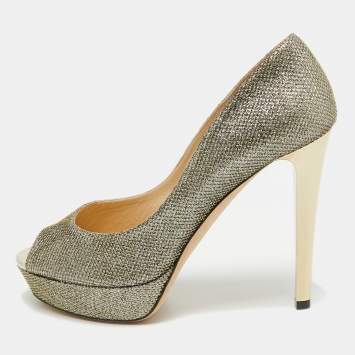Pre Owned Jimmy Choo Silver/Gold Lurex Fabric Dahlia Peep Toe Pumps Size 38