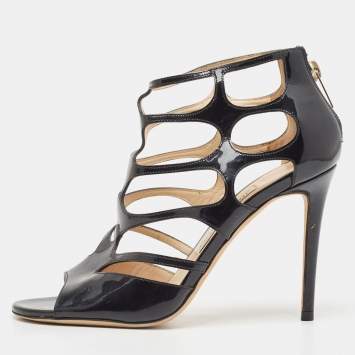 Pre Owned Jimmy Choo Black Patent Leather Cut Out Peep Toe Sandals Size 37