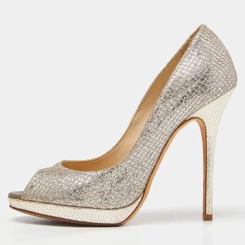 Pre Owned Jimmy Choo Gold/Silver Glitter and Leather Luna Peep Toe Pumps Size 38.5