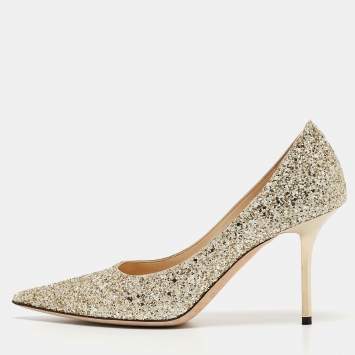Pre Owned Jimmy Choo Gold/White Coarse Glitter Love Pumps Size 37