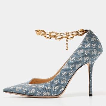 Pre Owned Jimmy Choo Blue/White Logo Print Canvas Diamond Talura Pumps Size 39.5