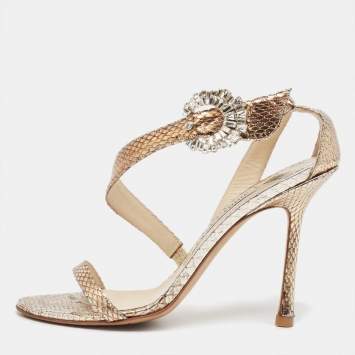 Pre Owned Jimmy Choo Metallic Snakeskin Leather Crystal Embellished Ankle Strap Sandals Size 36