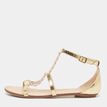 Pre Owned Jimmy Choo Gold Textured Leather Wyatt Flat Sandals Size 36