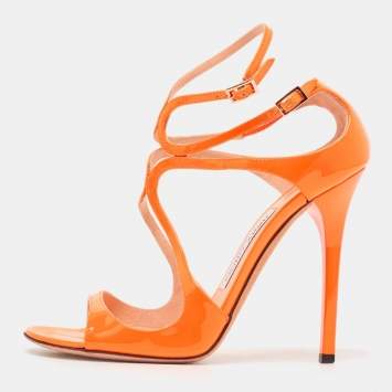 Pre Owned Jimmy Choo Orange Patent Leather Lance Sandals Size 37.5