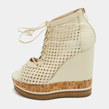 Pre Owned Jimmy Choo Off White Perforated Leather Lace Up Cork Wedge Booties Size 37