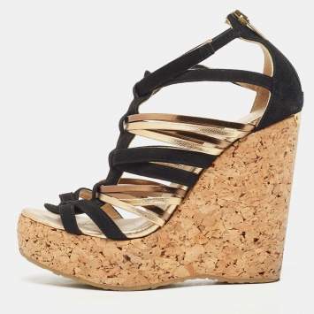 Pre Owned Jimmy Choo Black/Gold Suede and Leather Wedge Sandals Size 37  
