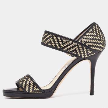 Pre Owned Jimmy Choo Black/Gold Leather Ankle Strap Sandals Size  39.5