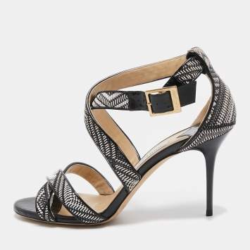 Pre Owned Jimmy Choo Black/Cream Patent Striped Sandals Size 40