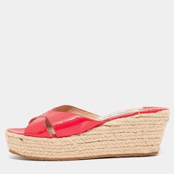 Pre Owned Jimmy Choo Pink Patent Leather Prima Espadrille Wedge Slide Sandals Size 41