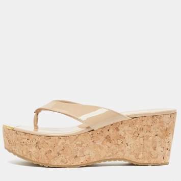 Pre Owned Jimmy Choo Beige Patent Leather Pathos Thong Cork Wedge Slides Size 37.5