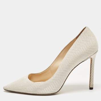 Pre Owned Jimmy Choo White Knitted Nubuck Leather Romy Pumps Size 38.5