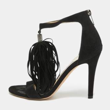 Pre Owned Jimmy Choo Black Suede Viola Tassel Fringe Sandals Size 35