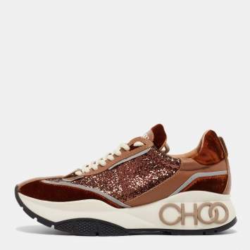 Pre Owned Jimmy Choo Multicolor Velvet and Glitter Raine Sneakers Size 38.5