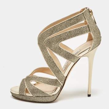 Pre Owned Jimmy Choo Gold Glitter and Leather Sandals Size 36 