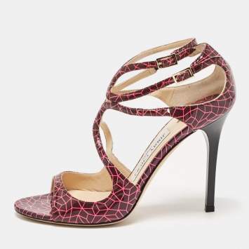 Pre Owned Jimmy Choo Pink/Burgundy Print Patent Leather Lance Sandals Size 37