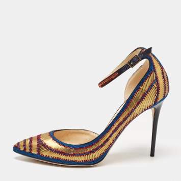Pre Owned Jimmy Choo Gold/Blue Knit Fabric and Leather Lucy Pumps Size 37