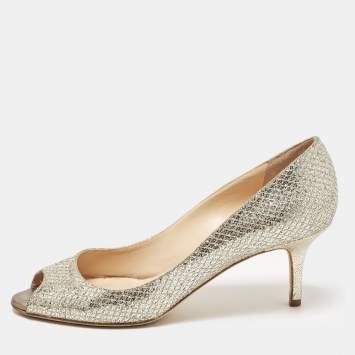Pre Owned Jimmy Choo Gold/Silver Glitter and Leather Isabel Peep Toe Pumps Size 38.5