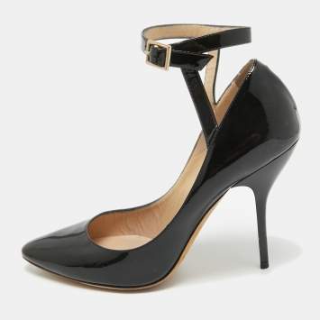 Pre Owned Jimmy Choo Black Patent Leather Malena Ankle Strap Pumps Size 39