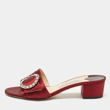 Pre Owned Jimmy Choo Burgundy Satin Crystal Embellished Slide Sandals Size 38.5